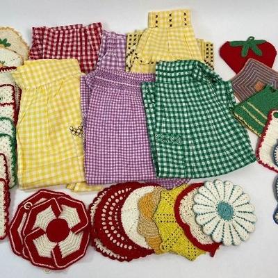 Vintage Kitchen Accessories - 6 Darling Handmade Aprons and 25 Crocheted Potholders / Hot Pads
