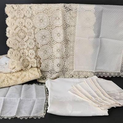 Lot of Vintage Doilies / Runners with Satin Tablecloth and 6 Matching Napkins, Shamrock Lace Cloth
