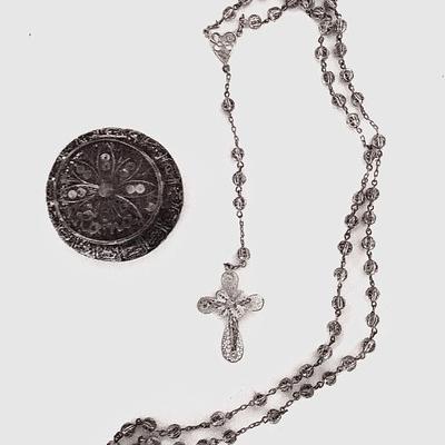 800 silver rosary, with 800 silver open work circular jewel box with hinged top