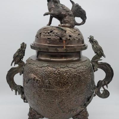 XL Solid Bronze Footed Koro w/ Dragon Handle
Anitque, Circa 1780. Royal incense burner with shi-shi dog lid. Solid Bronze incense burner...