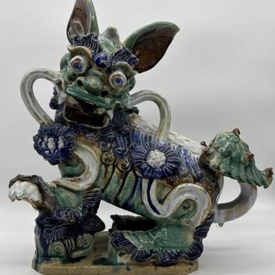 Large Vintage Glazed Ceramic Shiwan Foo Dog, 1/2