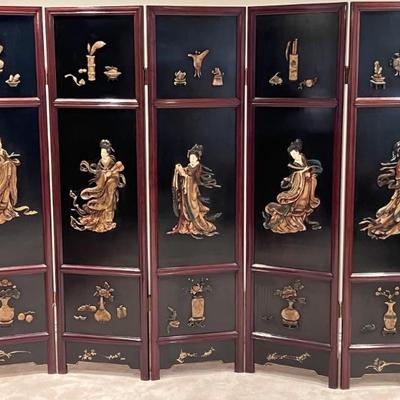 Vintage Chinese Black Lacquered 5 Panel Screen