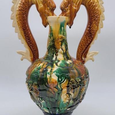 Vintage Double Dragon Handled Asian Ceramic Vase