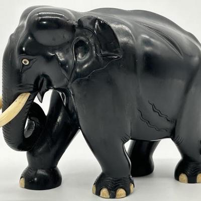 Antique Ebony Elephant, Bone Toenails & Tusks 1/2