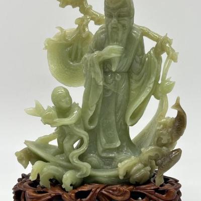 Carved Jade Statue: Man, Child, & Koi Fish