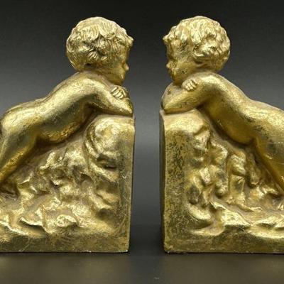 Vintage Gilt Gold Cupid Bookends