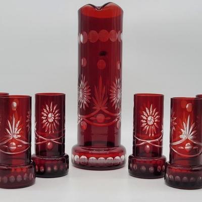 (7) Vtg Bohemian Ruby Red Cut to Clear Pitcher Set