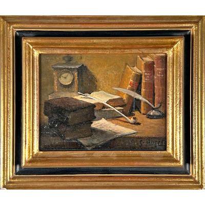 GUERINO ANGELI (b. 1926)  |  
Still Life With Books
Showing books, a pipe, a quill pen, and a clock
signed lower right
w. 7 x h. 5.5 in.,...