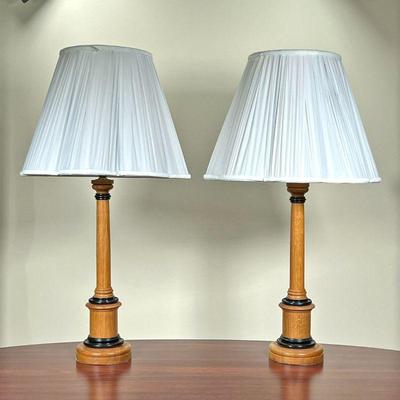 (2pc) PAIR TURNED WOOD LAMPS  |  
Turned oak with Ebony rings and felt bases - h. 27 x dia. 14 in. (over shade)