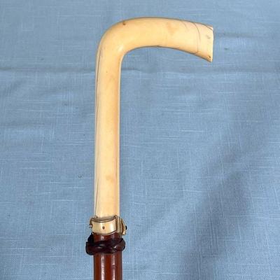 BONE HANDLE CANE  |
Wooden cane having a curved bone handle intricately carved with belt motif and a seal monogram - h. 34-1/2 in.
