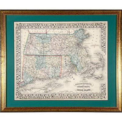 FRAMED COUNTY MAP  |  
County map of Massachusetts, Connecticut, and Rhode Island, in a gilt frame - w. 18.25 x h. 15.5 in. (frame)