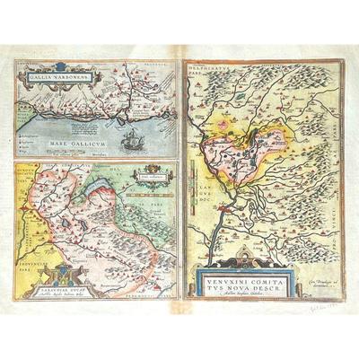 ABRAHAM ORTELIUS MAP | Color engraving containing three maps of southeastern France; "Gallia Narbonens"  "Sabaudiae...