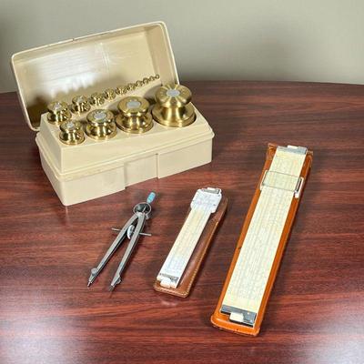 WEIGHTS & DRAFTING TOOLS  |
Including a OHAUS set of balance beam gram weights, and a few drafting tools