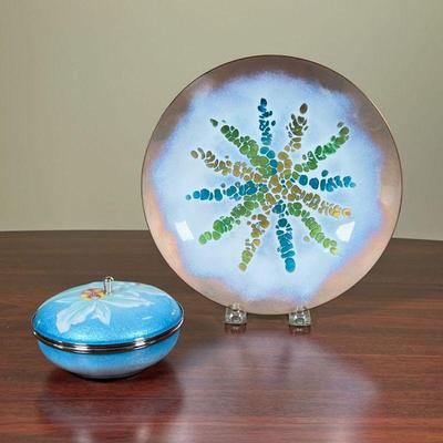 (2pc) ENAMEL DISHES  |
Including a Japanese lidded box with floral design, and a Bovano plate with blue and green decoration - dia. 9 in....