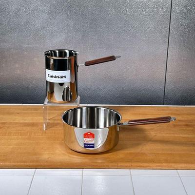 (2pc) CUISINART COOKWARE  |
Stainless steel cooking pots, both with wood handles, including an 8-inch pot and a tall saucepan (asparagus...