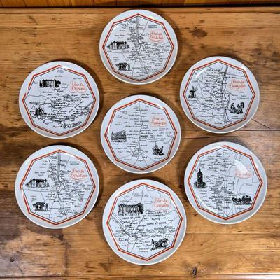 (7pc) CHAUVIGNY CHEESE PLATES  |
Porcelaine d'Auteuil / Porcelaine Chauvigny regional cheese plates with map pattern - dia. 7 1/2 in.