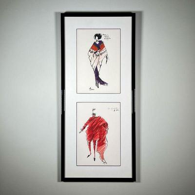 FASHION PRINTS |
Two prints of pen and ink fashion drawings on paper framed together vertically, each 7 x 10 in. (sight) - w. 12 x h....