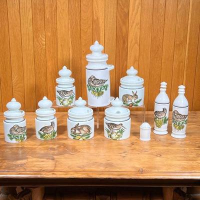 (10pc) D'AUTEUIL KITCHEN CONTAINERS  |
Porcelaine D'Auteuil "Service Chasse" canisters, including three 6.5-inch tall...