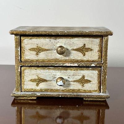 FLORENTIA JEWELRY CHEST | Italy, beautiful small size, having two drawers, with carved, painted, and gilt decoration, with Florentia...