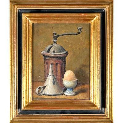 GUERINO ANGELI (b. 1926)  |  
Tabletop Still Life
showing an egg cup, pepper grinder, and funnel
Signed lower right
w. 5.5 x h. 7.25 in.,...