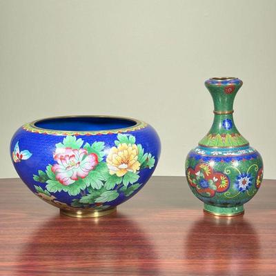 CLOISONNÃ‰ VASE AND BOWL  |
CloisonnÃ© vase (h. 9 in.) and a Jingfa bowl (dia. 10 in.) having blue and green enameled decoration, both...
