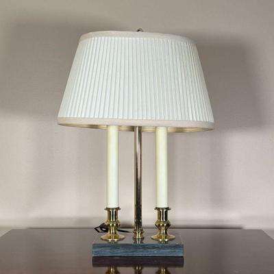 MARBLE & BRASS TABLE LAMP  |
Buillote lamp style, with two faux candlesticks centering a brass column on a dark green marble base -...