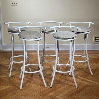(5pc) BKS DANISH METAL STOOLS  |
Tubular metal stools with attached cushion seats, one extra cushion - l. 18 x w. 16 x h. 35 in.