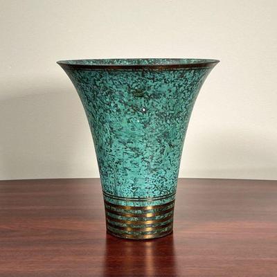 CARL SORENSEN VERDIGRIS BRONZE VASE  |  
Spun bronze with applied verdigris finish, signed on base and with other markings - h. 8.5 x...