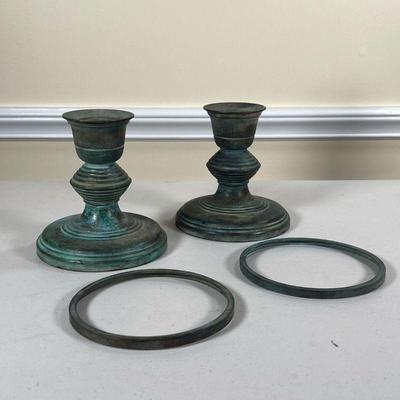 PATINATED BRONZE CANDLESTICKS  |
With matching rims for hurricane shades (dia. 5.5 in.) - h. 5.5 in. (candlestick)
