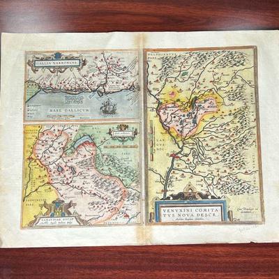 ABRAHAM ORTELIUS MAP | Color engraving containing three maps of southeastern France; "Gallia Narbonens"  "Sabaudiae...