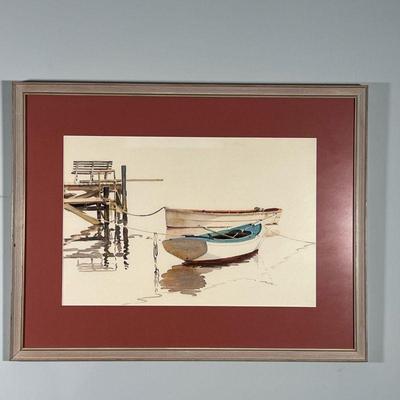WATERCOLOR PAINTING  |
Watercolor on paper showing two boats at a dock, apparently unsigned, with on arches watermarked paper, nicely...