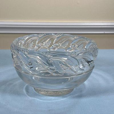 TIFFANY & CO. DOLPHIN BOWL  |  
Glass bowl with fancy decorated edge, stamp mark on bottom - h. 4.75 x dia. 8.25 in.