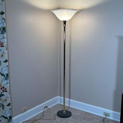 BRASS & MARBLE FLOOR LAMP  |
Tall brass Colum, with a large domed plastic shade, and a round dark green or gray marble base - h....