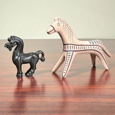 (2pc) ANIMAL FIGURES  |  
Including a heavy bronze (or other metal) horse, and a painted ceramic horse (?) - l. 6 x h. 4 1/2 in. (largest)
