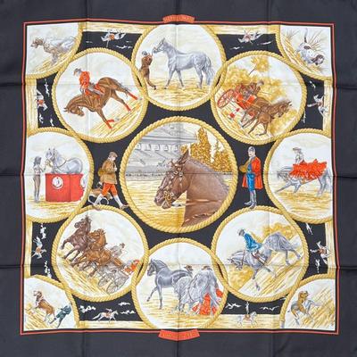 HERMES SILK SCARF  |
Carl de Parcevaux "Auteuil en Mai" 100% silk scarf, new in original folio, apparently unused, showing...