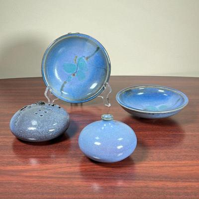 (3pc) HANDMADE POTTERY  |
Miscellaneous pottery all having a similar blue glaze including two matching dishes (dia. 6 1/2), a vase, and a...