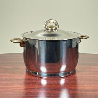 STAINLESS ICE BUCKET  |
Stainless steel with brass handles, no apparent markings - w. 13.25 x h. 6.25 x dia. 10.25 in. (Without lid)