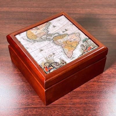 MAP KEEPSAKE BOX  |
Novatotius Americae Tabula keepsake box with porcelain tile showing a map of the Americas by cartographer Petrus...