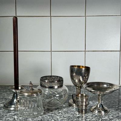 (7pc) SILVER & OTHER ITEMS  |
Including a Reed & Barton sterling compote (h. 3 3/4 in.), a glass jar with a sterling lid, a...