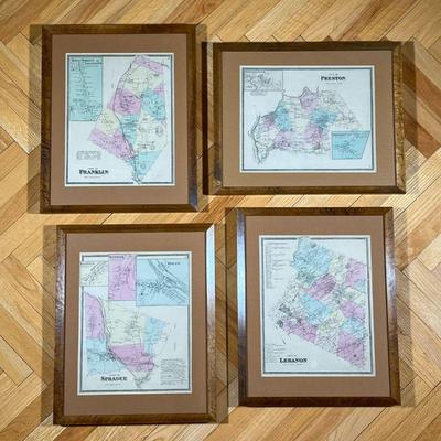 (4pc) CONNECTICUT MAPS  | 
Uniformly framed including map of Lebanon, Sprague, Preston, and Franklin - w. 17.5 x h. 21.5 in. (each frame)
