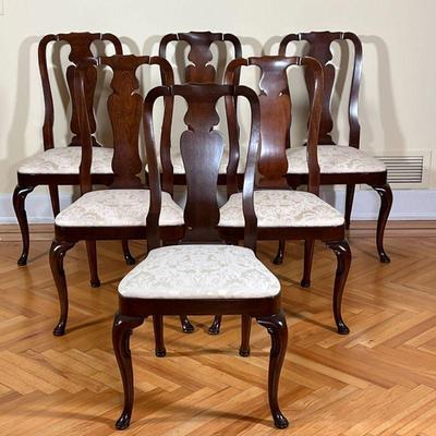 (8pc) KINDEL FURNITURE QUEEN ANNE CHAIRS  |  
six side chairs - having carved crestrails, urn form splats, cabriole legs with scrolls and...