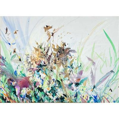 ZOE MAC FLORAL PAINTING  |  
Mixed media on paperboard Signed lower right With blindstamp 38 x 28 in. (Sight) - w. 54 x h. 44 in.