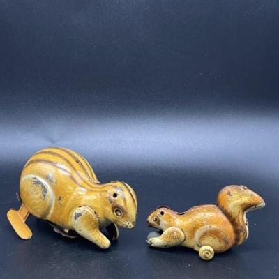 (2) Vintage Litho Tin Toy Squirrels