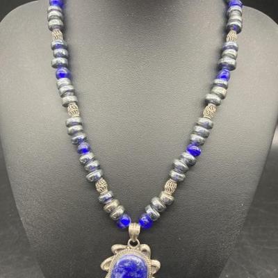 Sterling silver and Lapis Necklace w/ Glass Beads