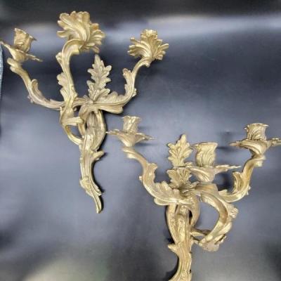 Pair of Brass Hollywood Regency 3-Candle Sconces