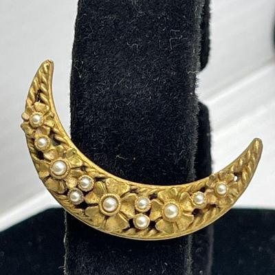 Goldtone Moon with Seed Pearls