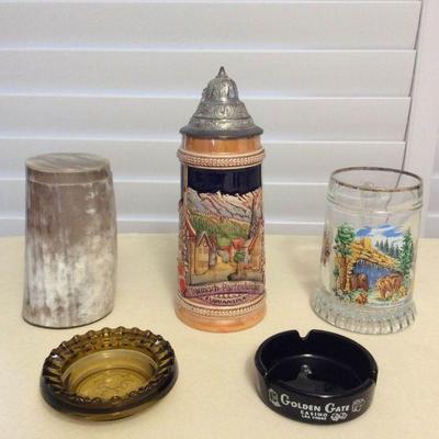 MMT087 German Steins, Vintage Ashtrays & Animal Horn? Container 