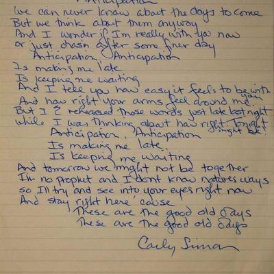 Carly Simon handwritten signed lyrics