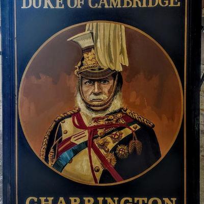 Large antique British tavern hand-painted wood & forged iron double sided framed sign.