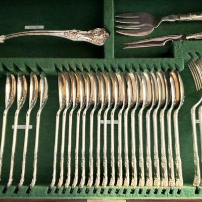Asprey (England) QUEENS pattern hand forged sterling silver flatware set with floor standing fitted flatware cabinet chest. Set is...